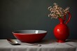 vase spoon plate red object table gray background. Generative AI