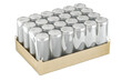 Drink cans in shrink wrapping case, 3D rendering isolated on transparent background