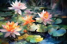 Top-down Watercolor Of Koi Fish Swimming In A Lily Pond