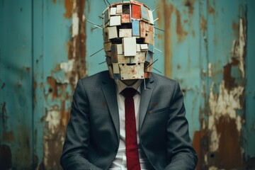 Poster - A man in a suit and tie with a pile of books on his head, AI