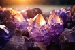 Amethyst crystals growing out of a geode, positioned in soft, golden-hour lighting