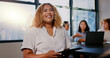 © Clement C/peopleimages.com - Face, portrait or happy black woman on tablet for leadership, motivation and success teamwork in business meeting. Startup, group and employee with smile for mindset of innovation and company growth