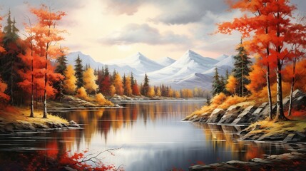  a painting of a lake surrounded by trees with mountains in the background.  generative ai