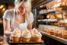 Young Woman Pastry Chef Preparing And Decorating Cupcakes In Her Bakery. Pastry Concept, Pastry Courses, Cupcake And Cake Decorating. Generative Ai