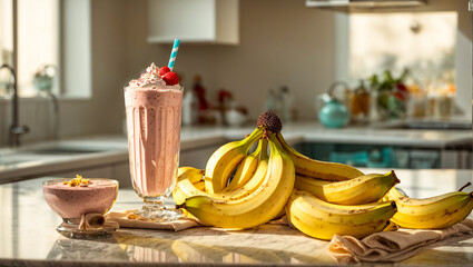 Canvas Print - Milkshake and banana on kitchen background