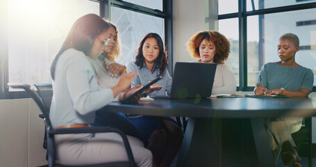 Laptop, research or startup programmer women team for writing idea, app coding or data analysis in office. Hacker, developer or business meeting on tech for software, programming or analytics review.