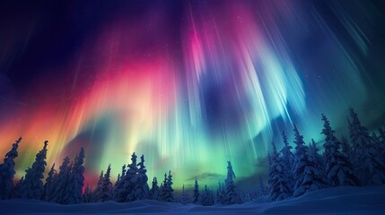 Poster -  a colorful aurora bore is in the sky above a snowy forest.  generative ai