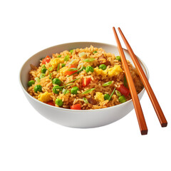 Wall Mural - bowl of fried rice with wooden sticks isolated on white background, ai generated