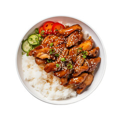 Wall Mural - plate of teriyaki chicken with rice top view isolated on white background, ai generated