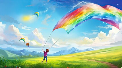 Poster -  a painting of a girl flying a kite in a field.  generative ai