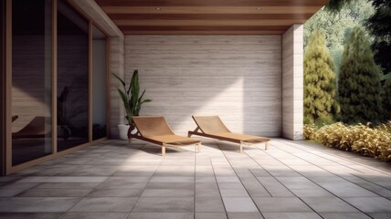 Wall Mural - The open space of modern wooden and concrete patio seating area in natural style. Generative AI image AIG30.