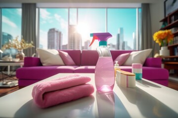 Poster - A cozy living room featuring a pink couch and a bottle of cleaner. This image is perfect for showcasing a stylish and clean living space.