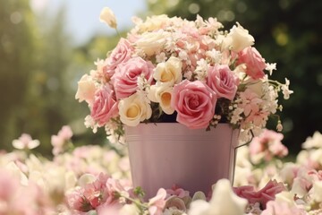 Poster - A bucket filled with an abundance of pink and white flowers.