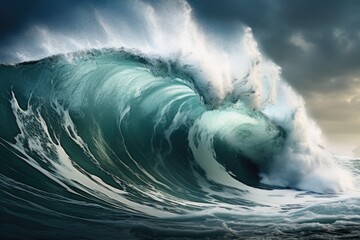 Poster - A powerful and dramatic scene capturing a large wave crashing into the ocean on a cloudy day.