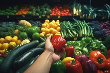 Poster - A person holding a vibrant red pepper in front of a display of fresh vegetables. 