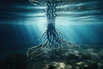 Poster - A picture of a tree that is growing out of the water. Suitable for nature-themed projects and designs.