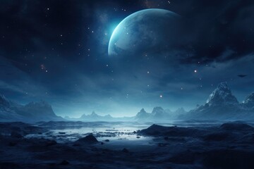 Poster - An otherworldly landscape featuring a planet in the distance. Perfect for sci-fi or fantasy themed projects.