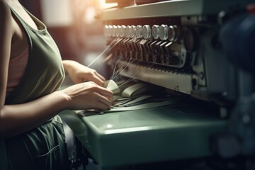 Aufkleber - A woman is seen operating a machine in a factory. This image can be used to depict industrial work, manufacturing, or the role of women in the workforce.