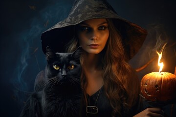 Wall Mural - A woman holding a black cat next to a pumpkin. This image can be used for Halloween-themed designs or to convey a spooky atmosphere.