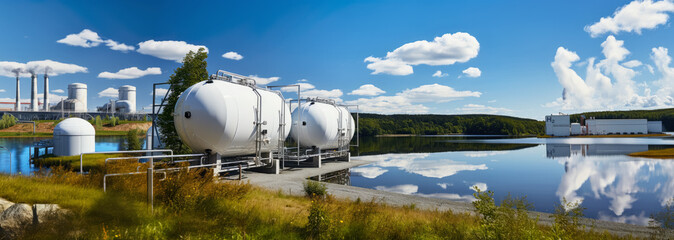 Wall Mural - hydrogen production plant, large metal storage tanks near lake or river. clean h2 production by wate