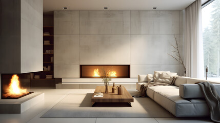 Wall Mural - Minimalist style interior design of modern living room with fireplace and concrete walls. Created with generative