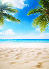 Tropical beach with fine sand, some palms near, calm sea with clear sky above. Empty copy space template for vacation or holiday product. Generative AI