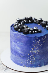 Wall Mural - Birthday cake with blue cream cheese frosting decorated with blueberries covered with silver kandurin. Cosmic cake or space themed cake on the white background.