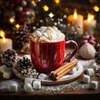 Cup of hot chocolate with marshmallows in winter and Christmas scenery