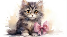  A Watercolor Painting Of A Kitten With A Pink Bow.  Generative Ai