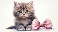  A Kitten With A Pink Bow Sits Next To A Pink Bow.  Generative Ai