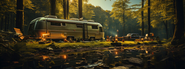 Wall Mural - camping in autumn forest. nature, getting away, real moments and local travel concept. travel trailer with lights   among the trees. banner