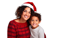 Latin Mom And Son Portrait Awaiting For Christmas. Isolated Transparent Background