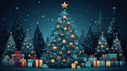 fantasy background with abstract christmas tree and gift boxes