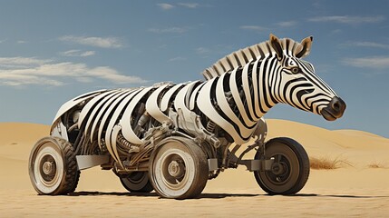 Poster -  a zebra is riding on a cart in the sand dunes.  generative ai