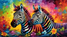  A Painting Of Two Zebras Standing Next To Each Other.  Generative Ai