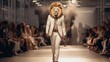 A man in a lion mask walks down a runway. Generative AI.