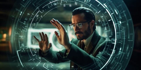 Poster - A Man Gazes Through a Virtual Holoscreen with a Rangefinder Lens Aesthetic, Immersed in Technological Marvels and Sleek Innovations