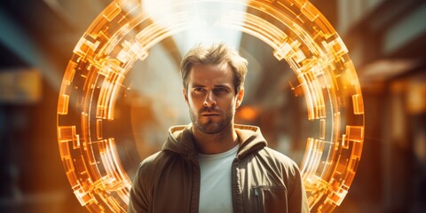 Poster - A Man Gazes Through a Virtual Holoscreen with a Rangefinder Lens Aesthetic, Immersed in Technological Marvels and Sleek Innovations