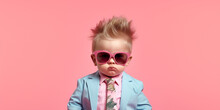Lovely Cool Little Boy Kid With Sunglasses Isolated On Pink Background AI Image Illustration. Funny Kids Concept. 