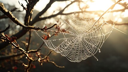 Wall Mural - a spider web hanging from a tree branch in the sun. generative ai