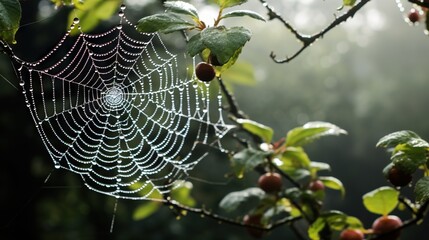 Wall Mural - a spider web is hanging from a tree branch in the rain. generative ai