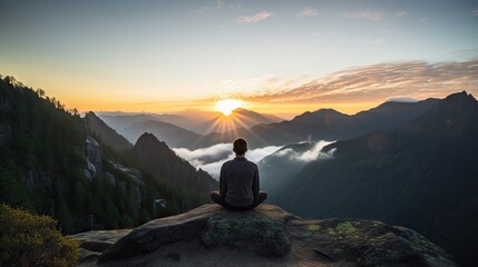 Canvas Print -  a person sitting on top of a mountain looking at a sunset.  generative ai