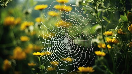 Wall Mural - a spider web in the middle of a field of yellow flowers. generative ai