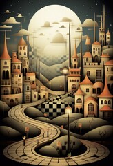 Wall Mural - A painting of a town with a clock tower, AI