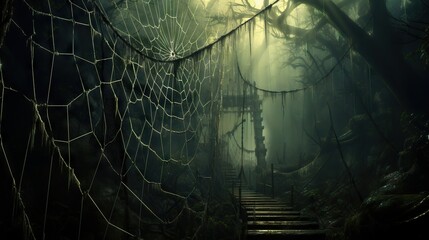 Wall Mural - a set of stairs in a dark forest with a spider web. generative ai