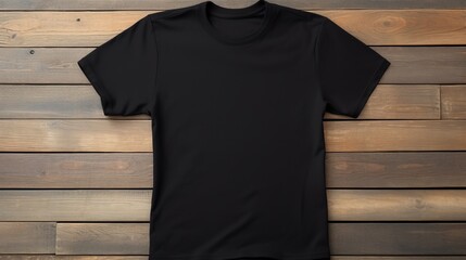 Top view of a mockup senior black t-shirt on a wooden table, copy space