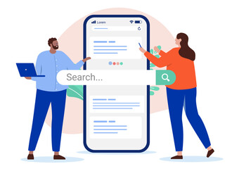 Fototapete - Business search engine result - Two people working and looking at ranking from web search on smartphone screen. Flat design vector illustration with white background