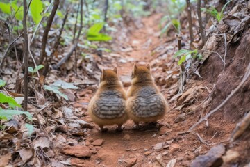 Two baby birds are walking down a path in the woods, AI