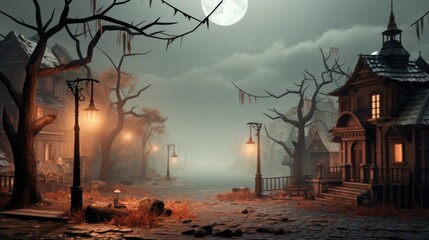 Wall Mural - A spooky halloween scene with a creepy house, AI