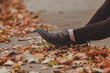 Beautiful woman sitting in autumn park in autumn beige and braun colors, close up on legs